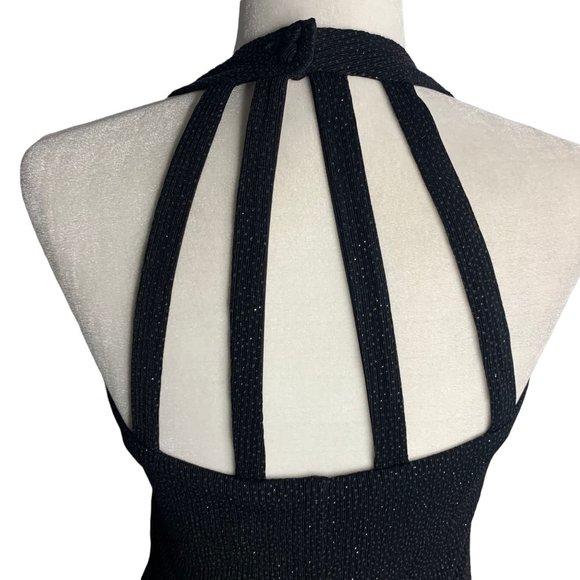 Vintage Y2K Xscape Cropped Halter Top S Black Metallic Button Neck Lined - Picture 4 of 7